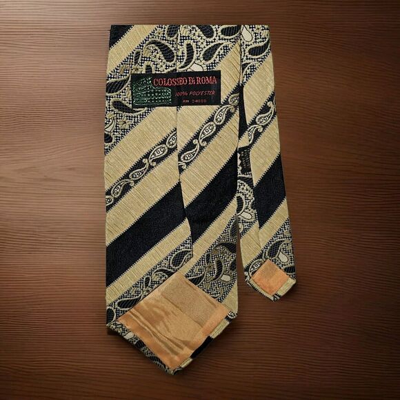 Colosseo Di Roma Mens Neck Tie Polyester Yellow Black Texture Diagonal Vintage - Picture 1 of 10